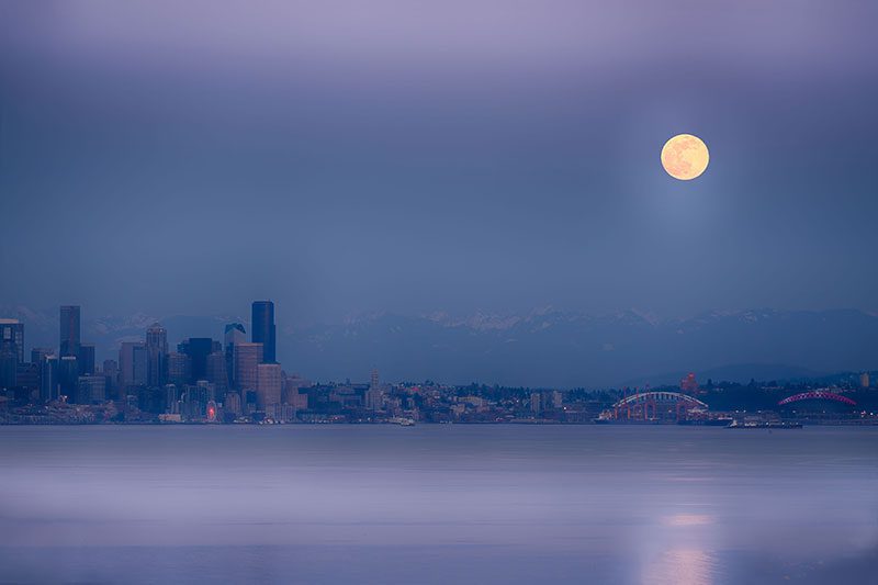 Evening Moonrise Over Seattle by Michael Piraino