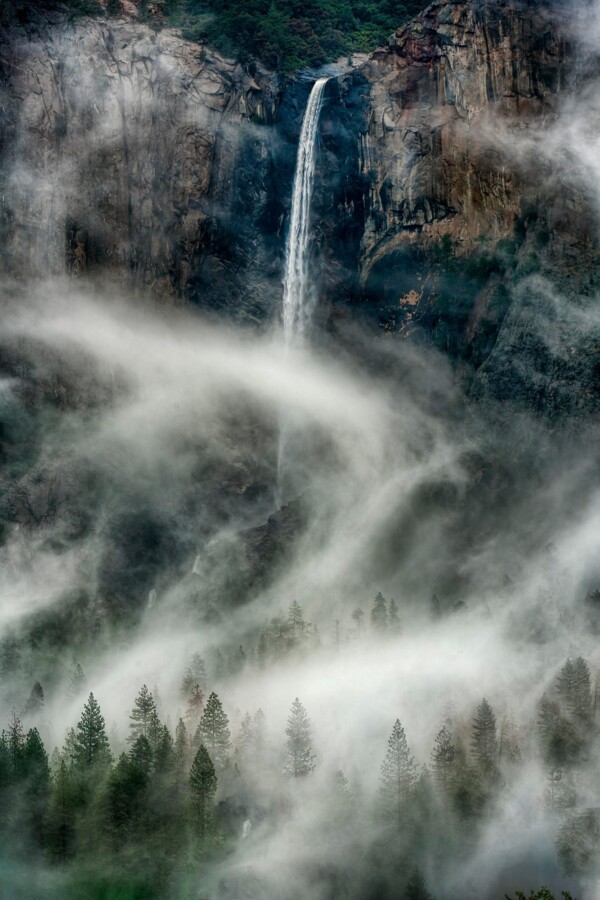 By Michael Piraino Swirling fog in front of Bridalveil fall in Yosemite Valley