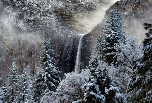 by Michael Piraino Bridalveil fall in winter with morning sunlight and snowy trees