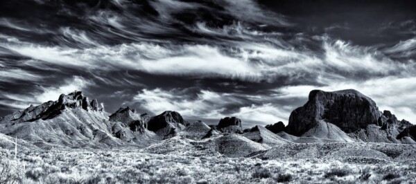 By Michael Piraino Black and white panorama of mountain range and clouds, Big Ben National Park