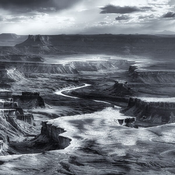 By Michael Piraino Colorado River winding among buttes in Canyonlands National Park in black and white