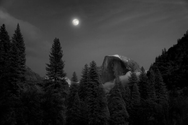 by Michael Piraino Moonrise with Half Dome in fog in black and white
