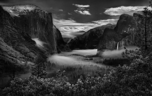By Michael Piraino Fog in Yosemite in black and white