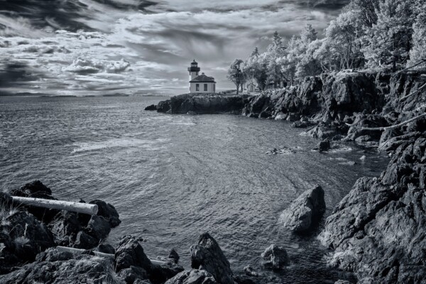 By Michael Piraino Lighthouse on shore of the Staits of Juan de Fuca, in infrared monochrome