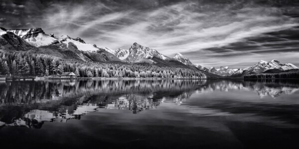 By Michael Piraino Maligne Lake Canadian Rockies reflections in black and white