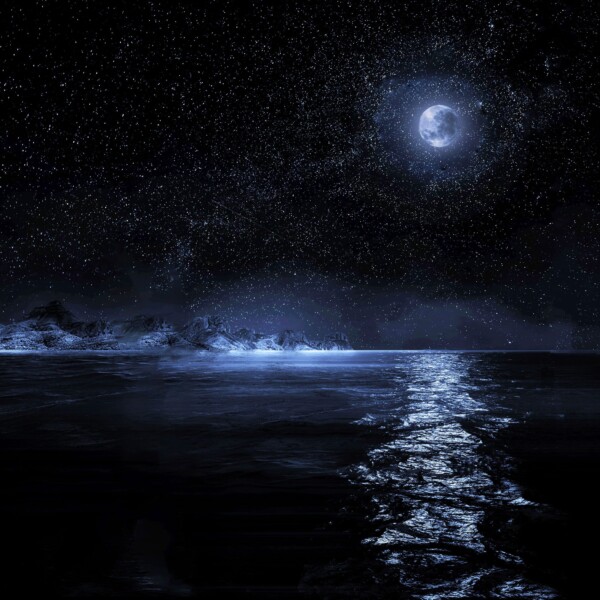 By Michael Piraino Night monochrome of Mountains and full moon reflected in a lake