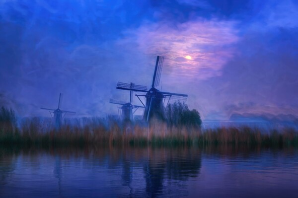 By Michael Piraino Windmills with ful moon in the Netherlands
