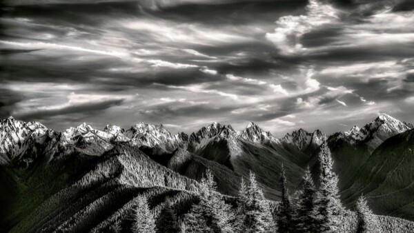 By Michael Piraino Black and white infrared of Olympic Mountain Peaks with clouds