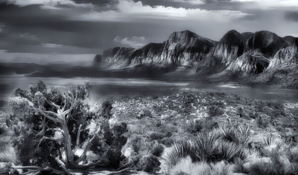 By Michael Piraino Mountains and clouds in the Mojave Desert in black and white