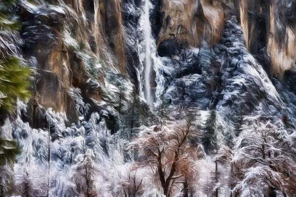 By Michael Piraino Yosemite Falls in Yosemite National Park in winter snowstorm
